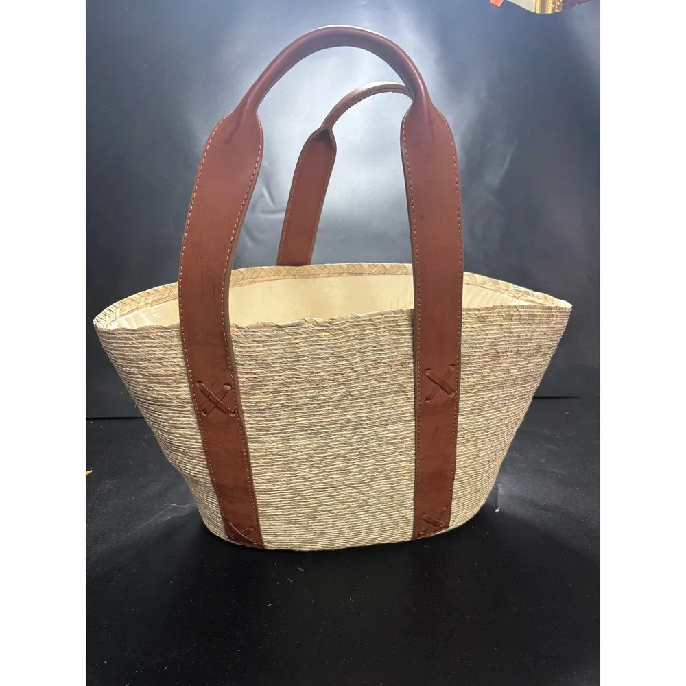 By Del Rio Woven Straw Tote Bag Brown Leather Straps Sustainable‎ Mexico 00-138